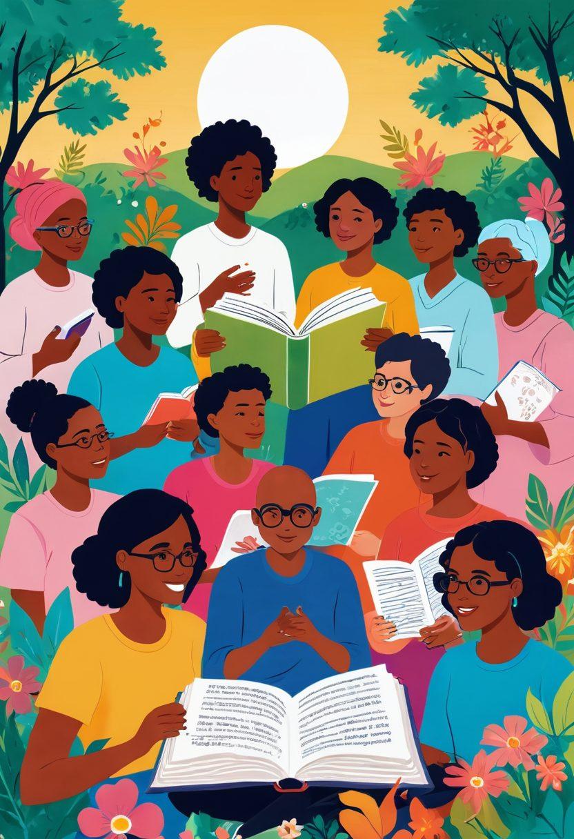 A vibrant and colorful illustration showcasing a diverse group of people engaging with various illustrated storytelling mediums about cancer education. There should be elements like open books full of drawings, animated characters, and infographics intertwined with nature and symbols of hope like ribbons and flowers. Capture a sense of community and empowerment through creative expression. Bright and inviting colors to appeal to the viewers' emotions. whimsical art style.