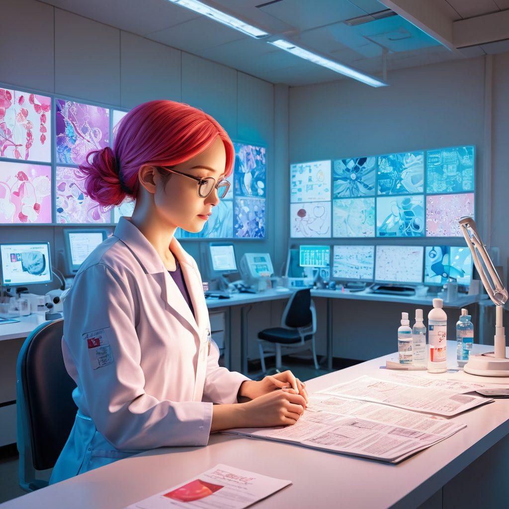 A dramatic contrast between a vibrant manga world featuring colorful characters and an emotional serene backdrop depicting a cancer research lab. Include elements like manga panels showing inspiring stories of strength and resilience intertwined with DNA helixes and medical equipment. The characters should express hope and support, bridging the gap between art and science. Embellish the scene with warm lighting to evoke emotion. super-realistic. vibrant colors. 3D.