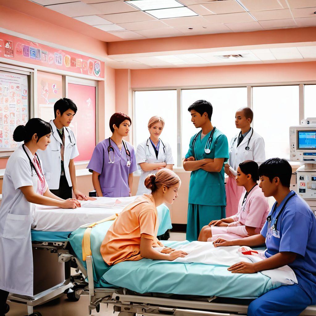 An intricate blend of a hospital scene with manga characters discussing cancer awareness, featuring a warm and inviting color palette. Include symbolic elements like awareness ribbons integrated into the manga art style. Show a diverse group of characters engaging in conversations, emphasizing hope and support. Background suggests a fusion of medical and artistic environments. vibrant colors. manga style. super-realistic.